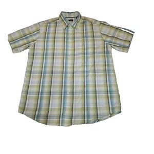 St Johns Bay Adult Medium Green Blue White Plaid Button Up Short Sleeve Mens